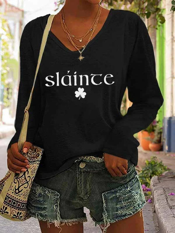 Women's Slainte Print Casual Long Sleeve V-Neck T-Shirt