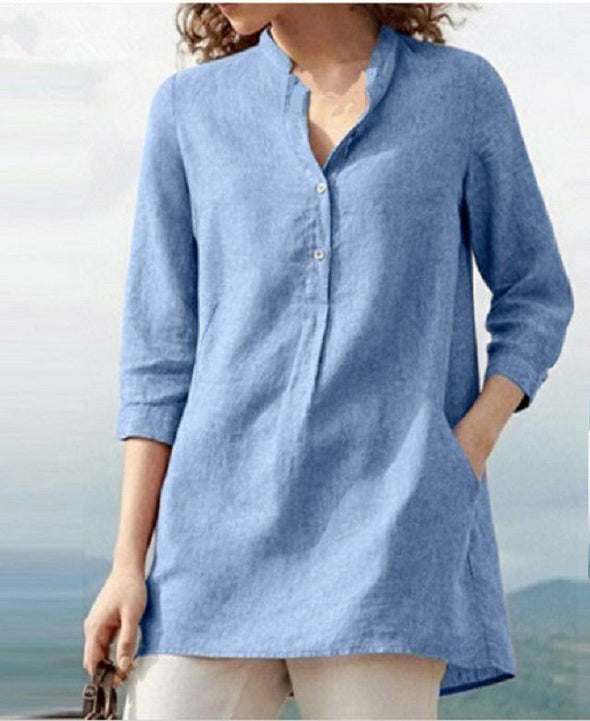 Solid color three-quarter sleeves stand-collar cotton and linen casual shirt