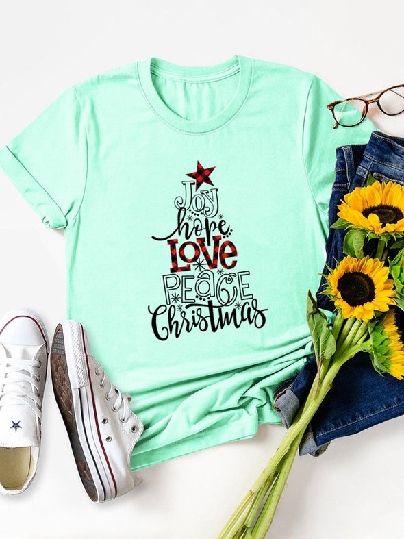 Joy Hope Love Peace Christmas Printed Round Neck Casual Short Sleeve T-shirt