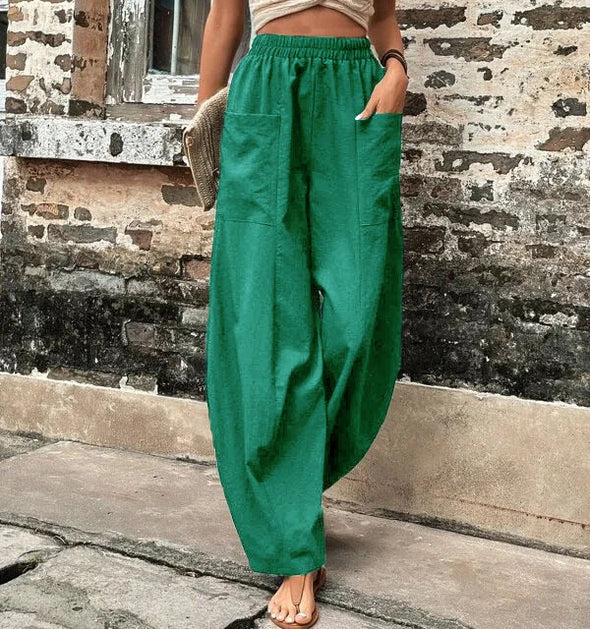 Women's solid color pocket elastic casual trousers