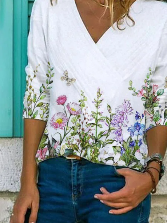 Casual Cotton-Blend Floral-Print Long Sleeve Tops