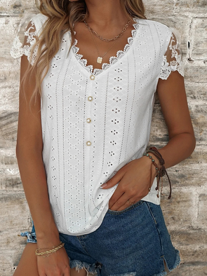 Casual V Neck Linen Lace Breathable T-Shirt Buttoned White Casual T-Shirt