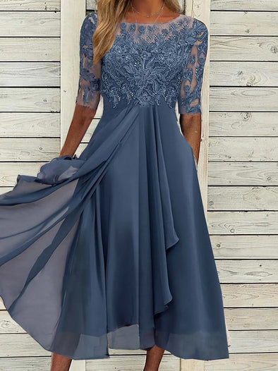 Round Neck Lace Swing Elegant Occasion Formal Wedding Guest Midi Prom Dress