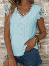 Casual V Neck Linen Lace Breathable T-Shirt Buttoned White Casual T-Shirt