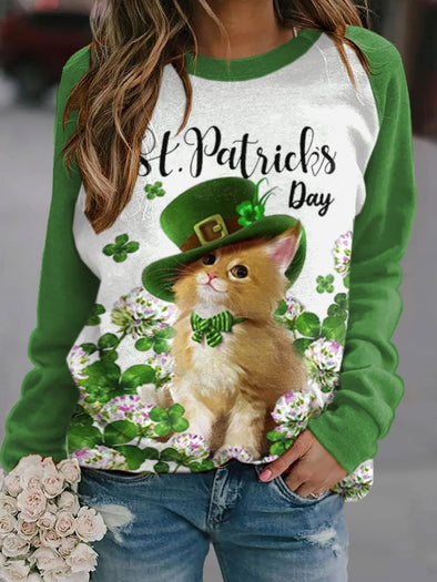 Women's Cat Clover Print Round Neck Long Sleeve Sweatshirt