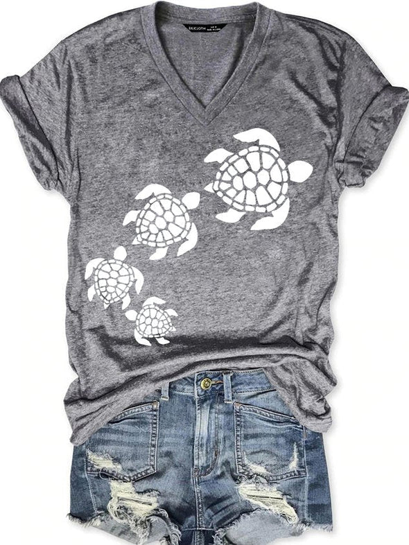 Nature Lover Sea Turtle Beach Casual V Neck Short Sleeve T-Shirt