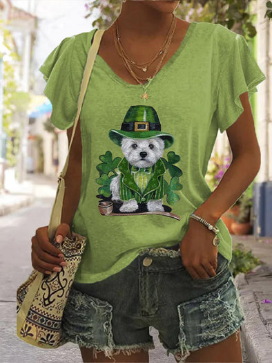 Women's Solid V-Neck Ruffle Sleeve St. Patrick'S Day T-Shirt