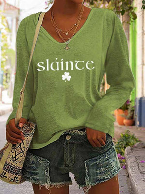 Women's Slainte Print Casual Long Sleeve V-Neck T-Shirt