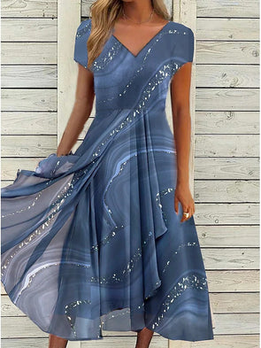Fashionable printed patchwork irregular hem dress