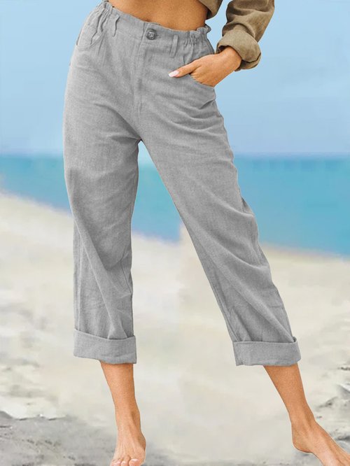 Women's Solid Color Fashion Loose High Waist Casual Cotton Linen Trousers