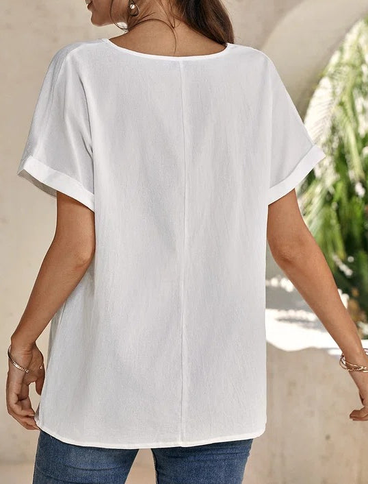 V Neck Casual Plain Summer Loose Short Sleeve White Linen Top