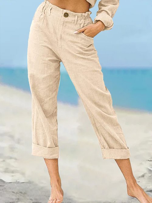Women's Solid Color Fashion Loose High Waist Casual Cotton Linen Trousers