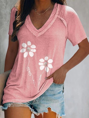 Floral Short Sleeve V Neck Casual Tunic T-Shirt