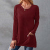 Round neck long sleeves loose pockets solid color T-shirt