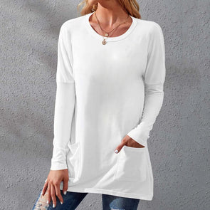 Round neck long sleeves loose pockets solid color T-shirt