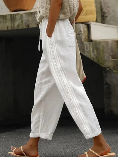 Elegant cotton and linen stitching cropped trousers straight-leg trousers