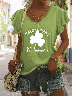 Women's Solid V-Neck Ruffle Sleeve St. Patrick'S Day T-Shirt