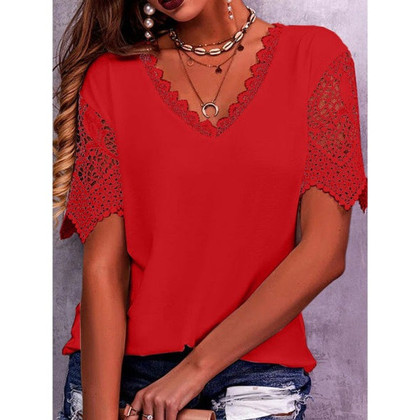 Women's lace stitching loose V-neck T-shirt