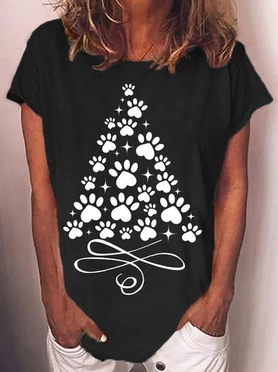 Women Paw Christmas Tree Print Casual Crew Neck T-Shirt