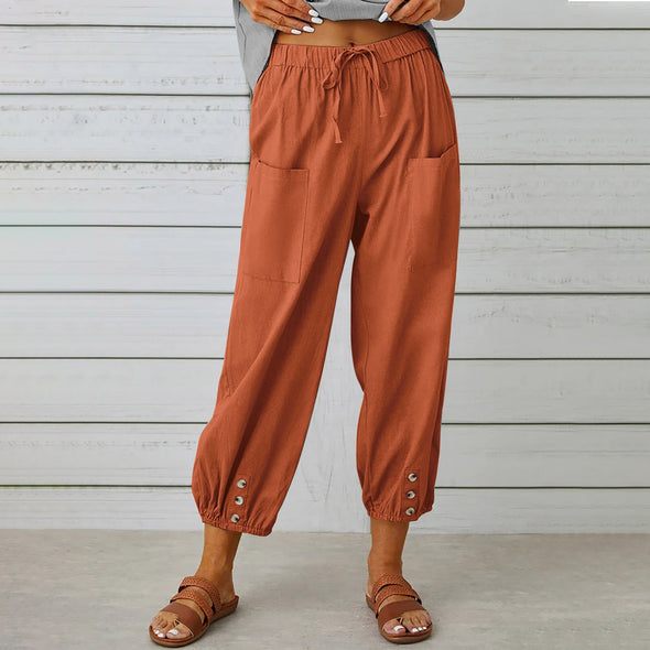 Women's  Linen Cotton Pocket Ruffle  Casual Pants Wide Leg Pants