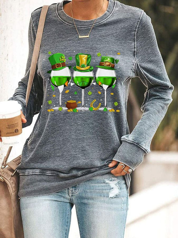 Women's Shamrock Wine Glasses Print Sweatshirt