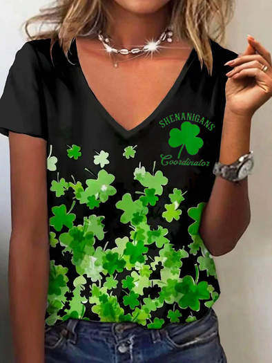 Casual V Neck Four-Leaf Clover Printed T-Shirt