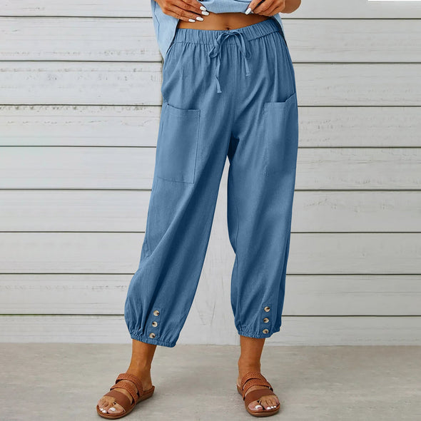 Women's  Linen Cotton Pocket Ruffle  Casual Pants Wide Leg Pants